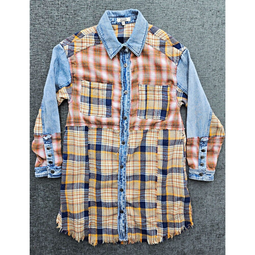 gimmicks Women's S Plaid Button-Up Shirt Long Sleeve Denim Collar Multicolor